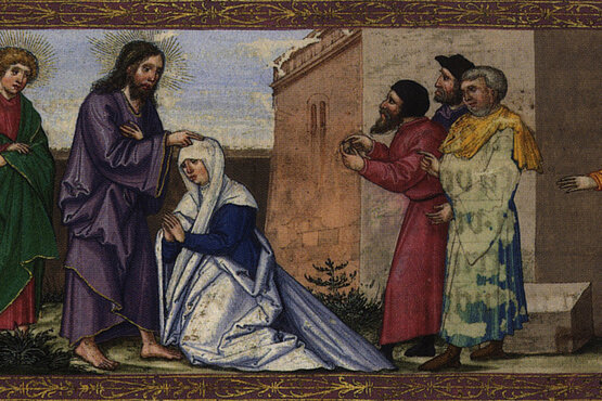 Berührend: Jesus heilt die gichtbrüchige, gekrümmte Frau.