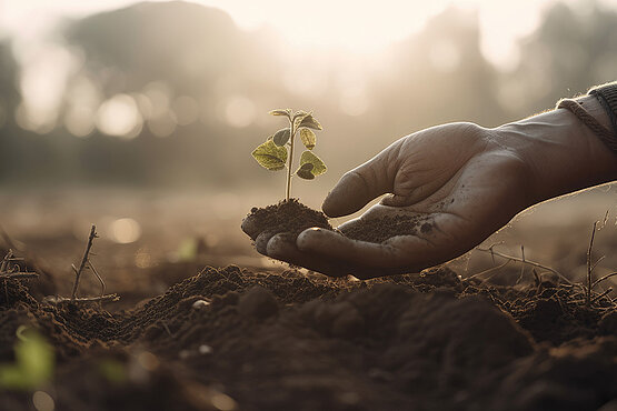 Eine Hand hälteine Junge Pflanze samt Wurzeln und Erde. Im Hintergrund ein Feld iin der Morgensonne.